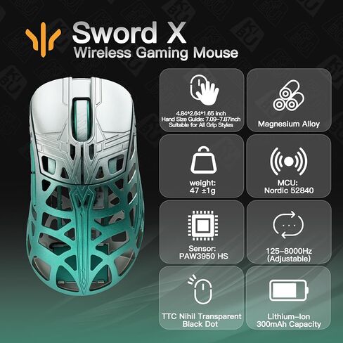 WLMOUSE Sword X Lightweight Magnesium Alloy Wireless Gaming Mouse - 8KHz Polling Rate, PAW3950 HS Sensor, 50-30000 DPI, OM & TTC Switches (TTC Nihil Transparent Black Dot, Silver&Black) in Kuwait