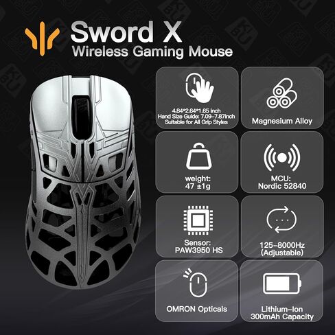 WLMOUSE Sword X Lightweight Magnesium Alloy Wireless Gaming Mouse - 8KHz Polling Rate, PAW3950 HS Sensor, 50-30000 DPI, OM & TTC Switches (TTC Nihil Transparent Black Dot, Silver&Black) in Kuwait