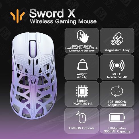 Wlmouse Sword X خفيفة الوزن من سبيكة المغنيسيوم اللاسلكية الماوس اللاسلكي - معدل استقصاء 8 كيلو هرتز ، مستشعر PAW3950 HS ، 50-30000 DPI ، OM & TTC مفاتيح (TTC NIHIL DOT الأسود الشفافة ، Silver & Black) in Kuwait