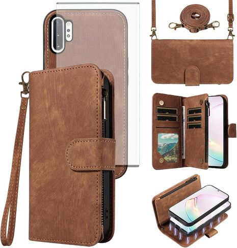 Asuwish Phone Case for Samsung Galaxy Note 10 Plus Note10+ 5G Zipper Wallet Detachable Magnetic Cover with Tempered Glass Screen Protector Crossbody Lanyard Note10 + Notes 10+ Ten Not S10 10Plus Brown in Saudi Arabia