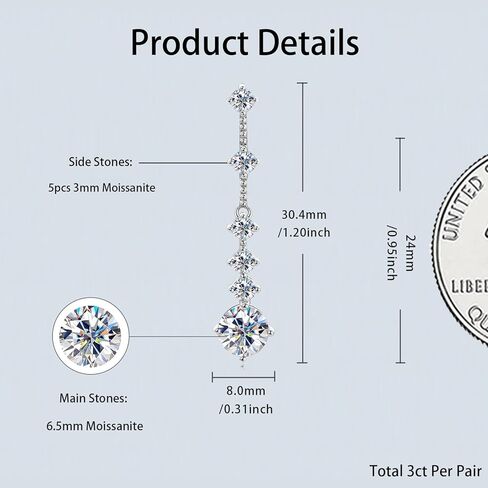 Moissanite Dangle Earrings for Women, 925 Sterling Silver Moissanite Short Long Drop Earrings 1-3CT D-E Color VVS1, Gold Plated Wedding Earrings for Brides Bridesmaid Jewelry Gifts in Kuwait