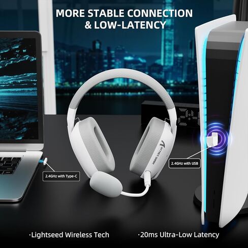 ATTACK SHARK L80PRO Wireless Gaming Headset Lightseed Tech- Built-in&Detachable Dual Microphone-Lightweight Headphone with Tri-Mode(2.4GHz USB C&A Dongle/BT/Wired)-for PC Mac PS4 PS5 Switch Win-White in Kuwait