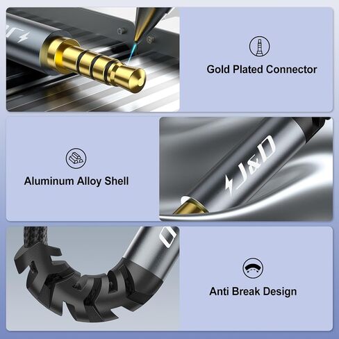 J&D 3.5 mm TRRS Cable, Nylon Braided Male to Male Aux Cable with Gold-Plated Connector Aluminum Alloy Shell for Headphones, Car Stereos and More, Grey, 6.6 feet in Saudi Arabia