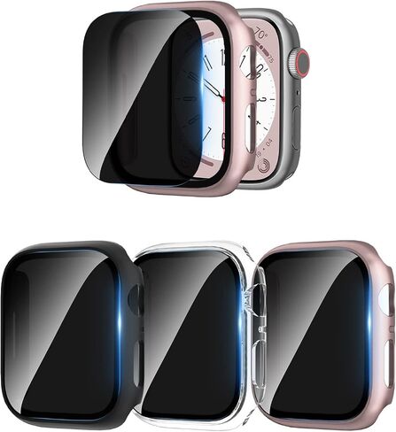 COMMUTER [3 Pack] Privacy Screen Protector for Apple Watch 9/8/7 45mm, Hard PC Ultra-Thin Case with Built-in Anti-Peeping Tempered Film for Apple Watch Series 9/8/7 45mm, Black/Clear/Rose Gold in Kuwait