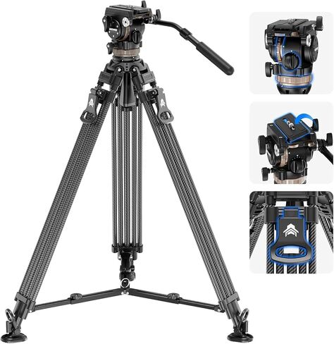 NEEWER 78" Carbon Fiber Video Tripod with Fluid Head, One Step Release Lock Tripod with 6 Level Dynamic Counterbalance, 4 Level Pan/Tilt Damping, Mid Spreader, Dual Mode QR Plate, Max Load 18lb, LL55 in Saudi Arabia