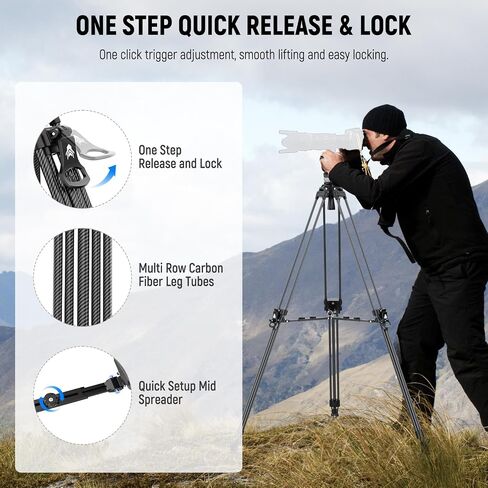NEEWER 78" Carbon Fiber Video Tripod with Fluid Head, One Step Release Lock Tripod with 6 Level Dynamic Counterbalance, 4 Level Pan/Tilt Damping, Mid Spreader, Dual Mode QR Plate, Max Load 18lb, LL55 in Saudi Arabia