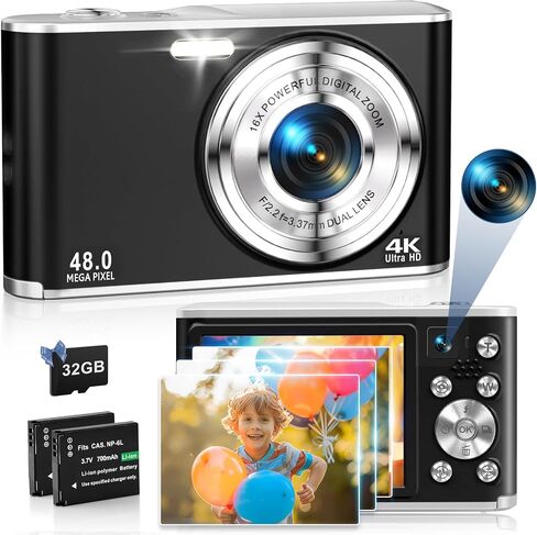 كاميرا رقمية بدقة 4K بدقة 48 ميجابكسل مزودة بتركيز تلقائي مع كاميرا خلفية وأمامية للتصوير الفوتوغرافي، وكاميرات تكبير رقمي 16X مع بطاقة 32 جيجابايت وكاميرا بطاريتين للأولاد والبنات والأطفال - وردي in Saudi Arabia