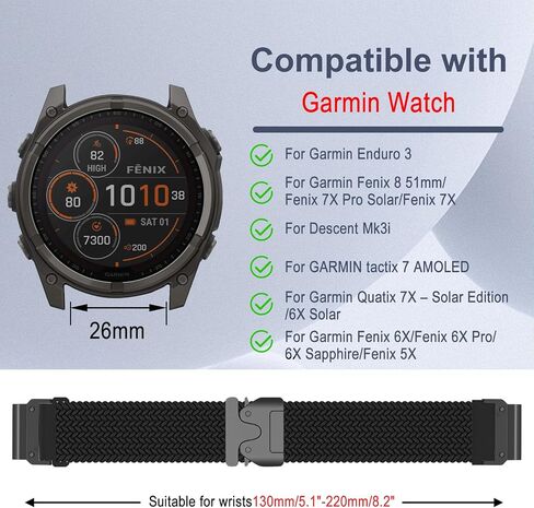 Nylon Bands Band for Garmin Enduro 3/Fenix 8 51mm/Descent Mk3i/tactix 7 AMOLED/Fenix 7X Pro Solar/7X/6X/6X Pro/6X Sapphire/5X, 26mm Nylon Sport Strap for Quatix 7X Stretchy Braided in Saudi Arabia