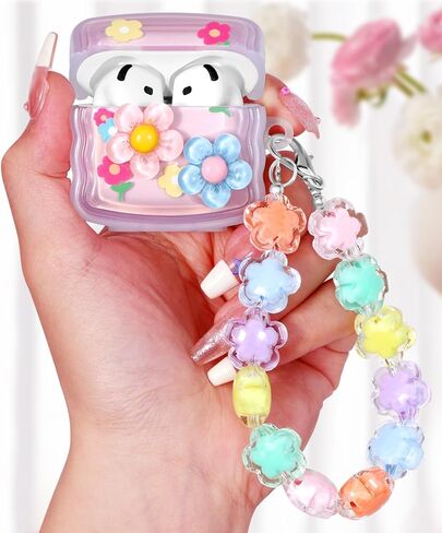 Boaretiu for Airpods 4 Case 2024 for Women Girls Girly Cute Kawaii - Girlish Stylish Shell Little Flower Design Cover with Carabiner and Kaychain for Air pods 4 in Kuwait