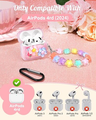 Boaretiu for Airpods 4 Case 2024 for Women Girls Girly Cute Kawaii - Girlish Stylish Shell Little Flower Design Cover with Carabiner and Kaychain for Air pods 4 in Kuwait