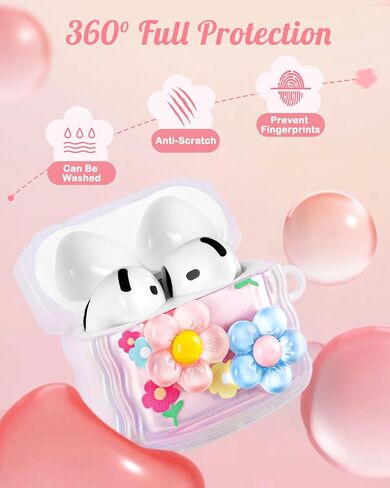 Boaretiu for Airpods 4 Case 2024 for Women Girls Girly Cute Kawaii - Girlish Stylish Shell Little Flower Design Cover with Carabiner and Kaychain for Air pods 4 in Kuwait