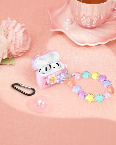 Boaretiu for Airpods 4 Case 2024 for Women Girls Girly Cute Kawaii - Girlish Stylish Shell Little Flower Design Cover with Carabiner and Kaychain for Air pods 4 in Kuwait