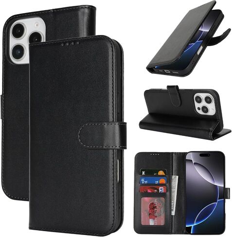 for iPhone 16 Pro Max Case Wallet with Card Holder,for iPhone 16 Pro Max Wallet Case for Women Men,PU Leather Shockproof Magnetic Buckle Stand Flip Phone Case-Black in Saudi Arabia