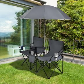 ARLIME Double Folding Beach Chairs with Umbrella, Outdoor Picnic Portable Loveseat Chairs with Removable umbrella & Mini Table Carrying Bag, Camping Chair for Patio, Pool, Park (Grey)