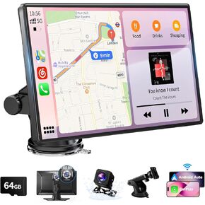 Wireless Carplay Screen for Car，9 Inch Android Auto Screen for Car with 4K Dashcam，A-pple Carplay Screen with 1080p Backup Camera，Mirror Link，TF Card，GPS Navigation，Bluetooth, AUX, FM，Voice Control
