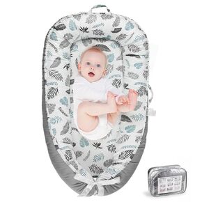 Baby Lounger- Baby Lounger for Newborn 0-24 Months, Portable Infant Lounger, Co Sleeping Soft Baby Nest, 100% Cotton Breathable, Baby Floor Seat for Home & Travel - Grey Leaves