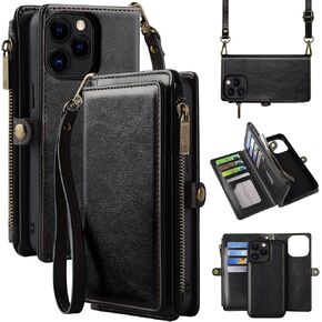 MInCYB for iPhone 13 Wallet Case with Card Holder (12 Card Slots) - PU Leather Case for Women & Men, Wireless Charging, Detachable Magnetic, Crossbody Strap, Shockproof Protective Phone Cover. Red