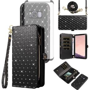 Asuwish Phone Case for Samsung Galaxy S8 Plus Zipper Wallet Cell Cover with Tempered Glass Screen Protector Strap Glitter Flip Card Holder Slot S8plus S 8 8plus 8S Edge S8+ SM-G955U Women Girls Black