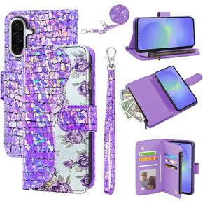 Floral Wallet Case for Samsung Galaxy S25 Plus S25+ 5G with Wrist Strap Shoulder Strap Flip Zipper Purse Card Holder,Stand Sparkly Glitter Bling Cell Phone Cover for S25Plus 25S 25+ Pink