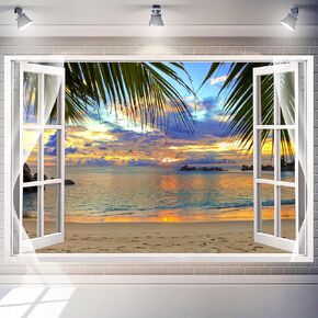 7 x 5 ft Hawaii Beach Backdrop Tropical Summer Seaside Window Ocean Scene Sunset Background Aloha Luau Party Decorations Photo Booth Props Outdoor Banner Polyester Fabric