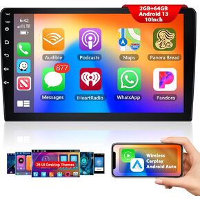 【 2+64G】 Android 13.0 Wireless Carplay & Android Auto 2Din Car Stereo,10.1" Touchscreen Double Din Car Radio Receiver with Bluetooth/GPS/Mirror Link/SWC/WiFi+AHD Backup Camera