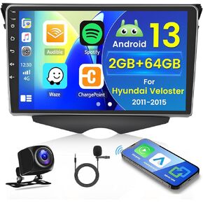 Hikity for Hyundai Veloster 2011 2012 2013 2014 2015 Radio 8 Core 4+64GB Android 13 Car Stereo 9 Inch IPS Touchscreen Car Radio with Wireless Carplay Android Auto 59UI GPS WiFi 32EQ DSP Backup Camrea