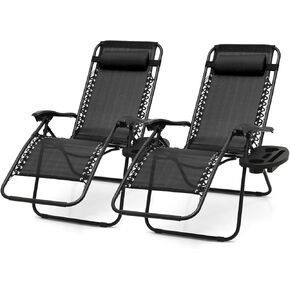 2 pcs Zero Gravity Chairs Lounge Chairs with Adjustable Sunshade Canopy, Cup Holder Tray & Foldable Design for Patio, Beach & Camping, CAAP-BCC-B2P-BK