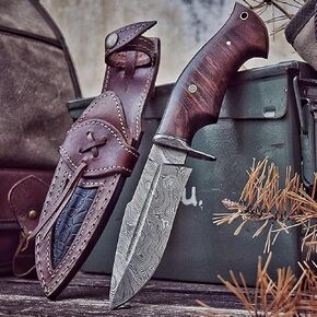 BIGCAT ROAR Handmade Damascus Hunting Knife - Bushcraft Fixed Blade Hunting Knife with Sheath and Walnut Wood Handle - 10″ EDC Skinning Knife - Wild Tiger