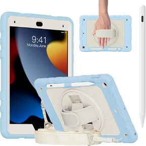 Case for iPad 9/8/ 7th Generation 10.2 '' ، Case for iPad 10.2 inch مع حزام اليد/ الكتف ، حامل القلم الرصاص ، قم بتضمين Penus Pen for iPad (Apple iPad Fast Apple) (Black/ Sky Blue)