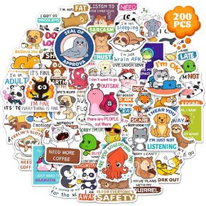 200PCS Funny Animal Quote Stickers, Cute Humor Animal Stickers Pack for Water Bottles Laptop Luggage Scrapbook, Vinyl Cool Funny Decals for Adults Teens