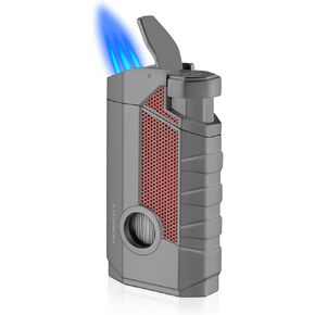 Cigar Torch Lighters for Men Cigar Lighter with Hole Punch Triple Jet Flame Refillable Butane Refillable Windproof with Cigar Rest Holder -Butane Not Included (Gray)