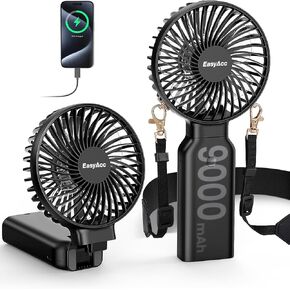 EasyAcc Portable Handheld Fan, Hands-Free Neck Fan 90000mAh Rechargeable [53H Cooling Time+ Camera Strap] -Backup Power/4 Speeds - Neck Fan Small Desk Fan Electric Fan for Travel Outdoor Home Black
