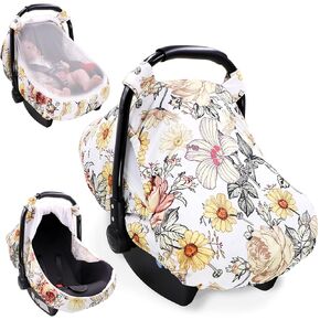 Car Seat Cover Baby, HNHUAMING Infant Car Seat Covers Canopy for Babies Girls, Warm & Windproof Pink Newborn Carseat Covers with Breathable Mesh Window, Floral