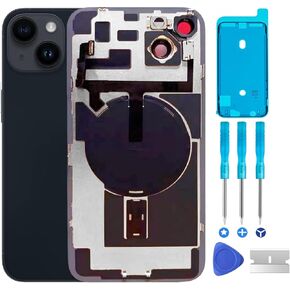 Original Compatible with iPhone 14 Back Glass Replacement & with Plate & Flex Cable and All Parts, Pre-Installed Camera Frame for iPhone14 + Repair Tools(Midnight)