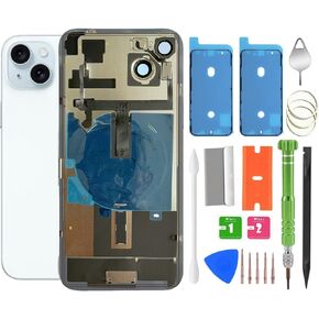 15 Plus Back Glass Replacement with Wireless Charging Flex Cable, Camera Frame All Parts for iPhone 15 Plus (6.7 Inch) Back Glass Replacement with Kit and Waterproof Tape (Pink)