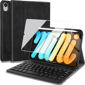 Keyboard Case with Screen Protector for iPad Mini (A17 Pro, 2024 Model, 7th Generation) / Mini 6 (2021 Model, 6th Generation), Slim PU Stand Cover with Detachable Wireless Bluetooth Keyboard