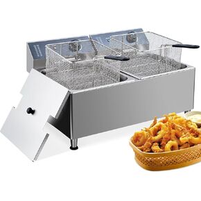 Dual 11L/3.3Gal Commercial Deep Fryer 3400W- 201 Stainless Steel Countertop Fryers with 2 Adjustable Extra Large Thick Baskets, Splash Guard Lids & Oil Filtration for Restaurant, Food Truck, Cater