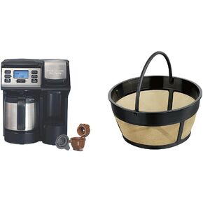 Hamilton Beach FlexBrew Trio 2-Way Coffee Maker, Compatible with K-Cup Pods or Grounds, Combo, Single Serve & Full 12c Thermal Pot, Black and Stainless – Fast Brewing and Hamilton Beach Permanent Gold Tone Filter, Fits Most 8 to 12-Cup Coffee Makers (/806