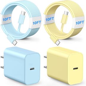 USB C Fast Charger, 2 Pack 60W USB C Wall Charger Block, 10FT Long Charging Cable Cord, i Phone Fast Charger for i Phone 16/16 Pro/16 Pro Max/15/15 Plus/15 Pro/15 Pro Max-Blue and Yellow