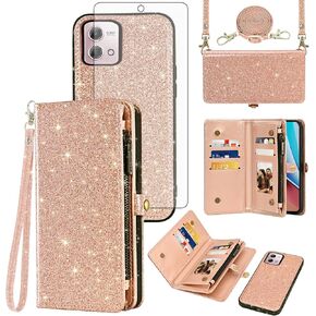 Asuwish Phone Case for Motorola Moto G Stylus 4G 2023 Zipper Wallet Detachable Cell Cover with Tempered Glass Screen Protector Wrist Strap Flip Card Holder Slot GStylus XT2317-1 XT2317-2 Women Black