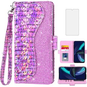Asuwish Phone Case for Tracfone BLU View Speed 5G B1550VL Wallet Cover with Tempered Glass Screen Protector and Flip Credit Card Holder Bling Glitter Cell Trac Fone Blue ViewSpeed Women Girls Pink