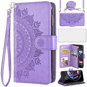 Asuwish Phone Case for Motorola Edge 20 Pro 5G Wallet Cell Cover with Screen Protector Lanyard Wrist Strap Mandala Flower Flip Zipper Card Holder Slot Stand Moto Edge20Pro XT2153-1 Women Girls Gray