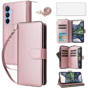 Asuwish Phone Case for Samsung Galaxy A15 5G/4G Cover with Tempered Glass Screen Protector and Zipper Wallet Card Holder Slot Stand Flip Wrist Strap Cell Accessories A 15 G5 15A Women Men Black