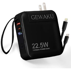 Portable iPhone Charger 15000mAh, 22.5W Fast Charging Power Bank Built-in USB-C Cable & AC Wall Plug, 3-in-1 Compact Battery Pack Travel Essentials for iPad, Android, Samsung (White)
