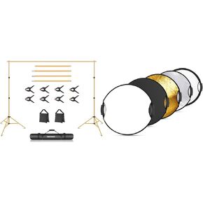 Neewer 10x7ft Gold Backdrop Stand with 4 Crossbars 8 Clamps 2 Sandbags, Adjustable Photo Studio Backdrop Support System for Wedding Parties Portrait Photography, RF-56II 22" Light Reflector Included