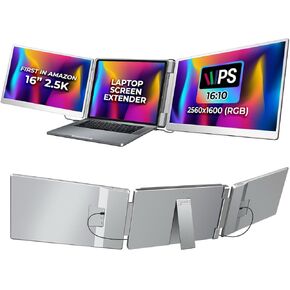 Laptop Screen Extender for Triple Display - 16" QHD 2500P Portable Monitor, Detachable, Plug & Play Dual Monitor Extender for 12"-18.5" Laptops, Compatible with Windows/Mac/Android/Chrome/PS3/PS4