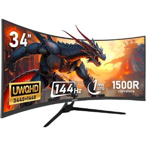 34 Inch Ultrawide Curved 144Hz Gaming Computer Monitor 1500R PC Screen 21:9 UWQHD (3440x1440),Adaptive Sync,178° Viewing Angle,Display Port、HDMI2.0,Compatible with Wall mounting - Black