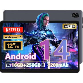Tablet 12" Big Screen Android 14, Octa core, 16GB RAM 256GB ROM, Wi-Fi 6, BT 5.2, 2 Speakers, Upgraded Chipset, Multi Window Display, Slim, Light, Durable Design, Powerful Performance Tablets 2025