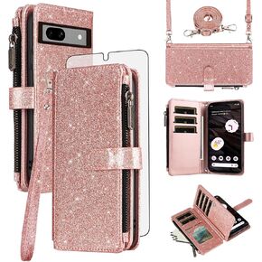 Asuwish Phone Case for Google Pixel 7A 5G 2023 Wallet Accessories Stand Lanyard Cell Cover with Tempered Glass Screen Protector Strap Bling Glitter Zipper Flip Credit Card Holder Pixel7A A7 Women Red