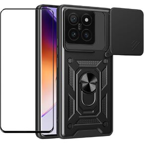 Case for Xiaomi 14T Pro 5G / Xiaomi14T Pro 5G with Tempered Glass Screen Protector,Sliding Camera Window, Kickstand, Shock-Proof Anti-Scratch Dual-Layer Phone Cover, Black